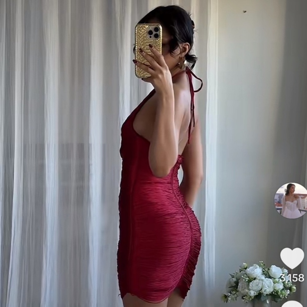 Zara HALTER FRINGE DRESS RED XL
